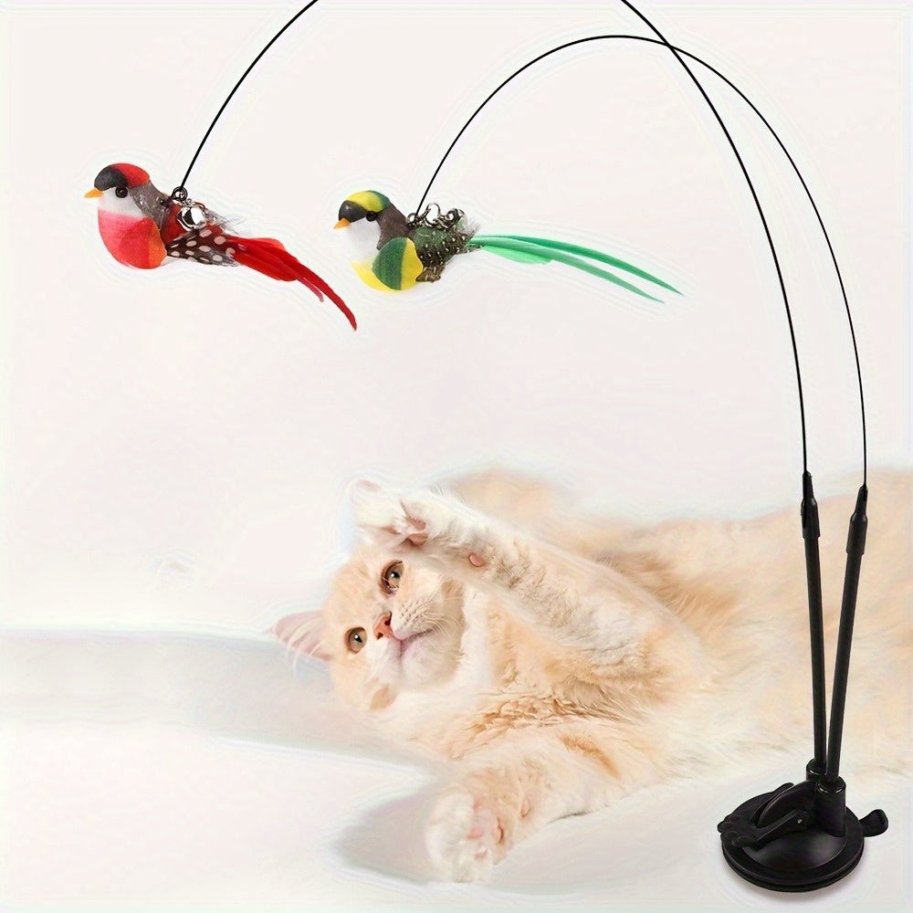 Interactive Toy Set for Cats, Featuring a Long Pole with a Sturdy Suction Cup, Without Battery