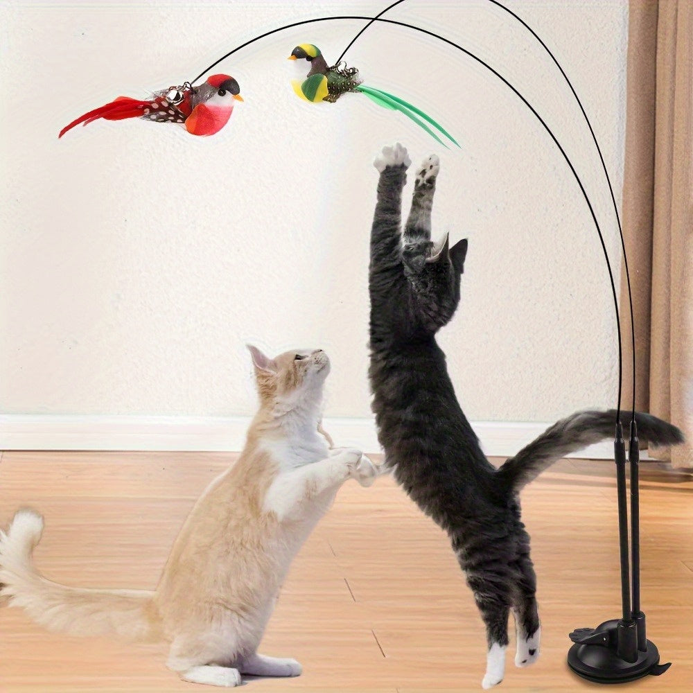 Interactive Toy Set for Cats, Featuring a Long Pole with a Sturdy Suction Cup, Without Battery