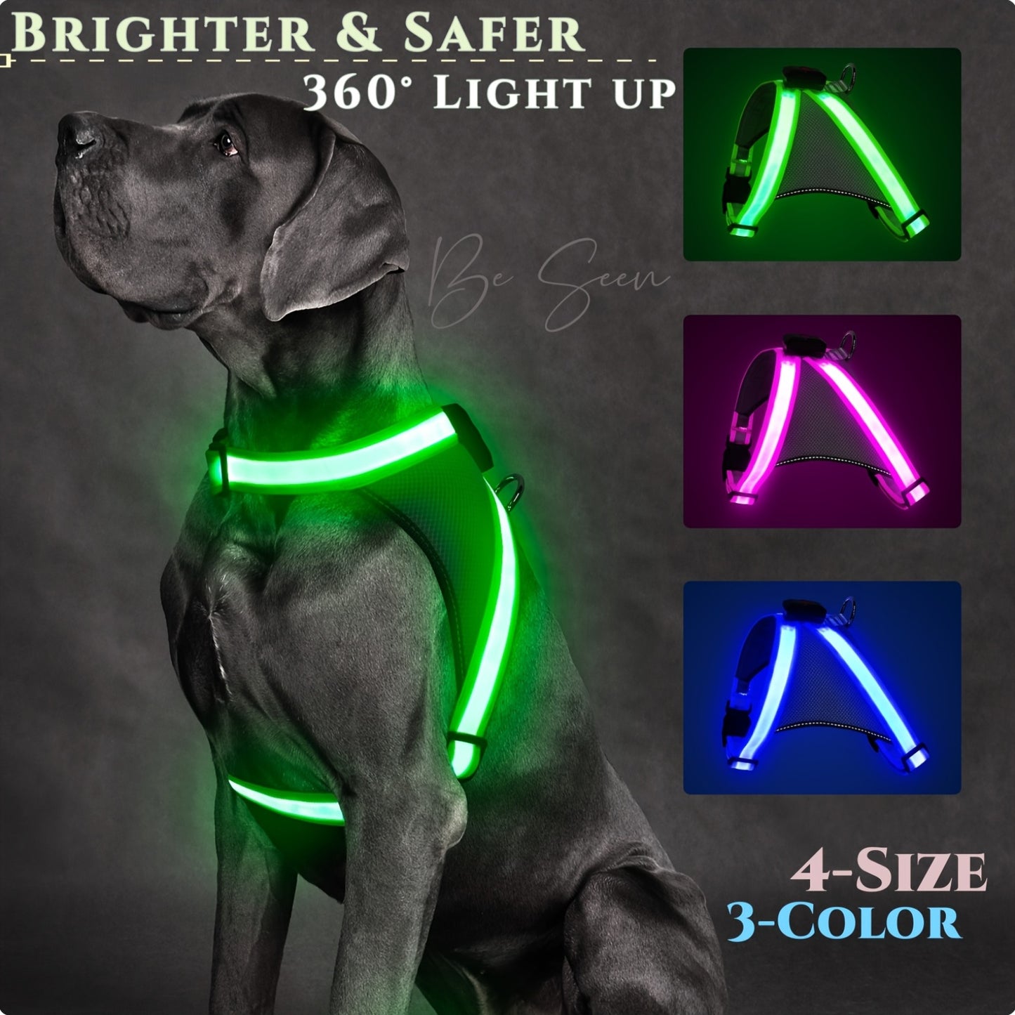 LED Glow-in-the-Dark Dog Harness with USB Rechargeable Lights - Adjustable Soft Mesh Safety Vest, 4-Size Fit for Small to Large Dogs, Green, Purple, Yellow, Pink, Light, Dark Brown, Light Brown, Dog Harness, Nighttime Walking