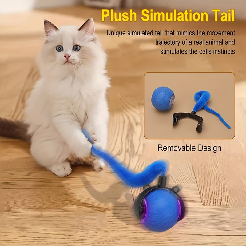 Interactive Cat Toy for Indoor Cats, Speedy Ball with Tail, Automatic Moving Cat Balls for Bored Indoor Adult Cats, 360°Automatic Rolling Ball Toy, Two Speed Adjustment