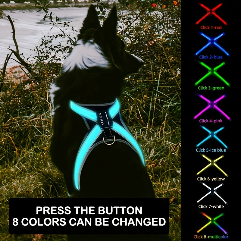 8-Color Changing LED Dog Vest with Control-like Button - Rechargeable Multicolor Night for Medium & Large Dogs, 8 Modes (Green/Red/Blue/Click/White/Pink/Ice/) - Low-Visibility Jacket for Night Walks