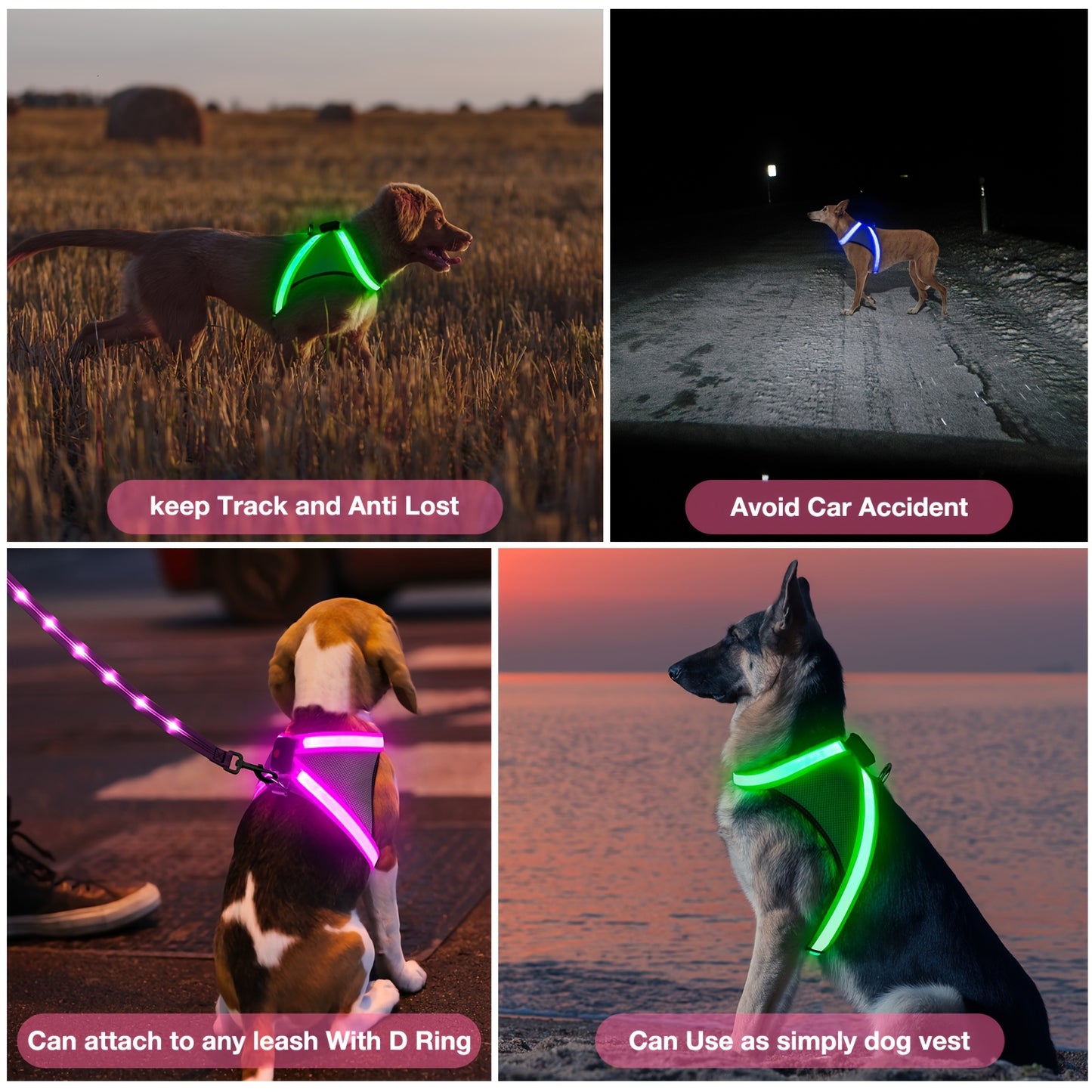 LED Glow-in-the-Dark Dog Harness with USB Rechargeable Lights - Adjustable Soft Mesh Safety Vest, 4-Size Fit for Small to Large Dogs, Green, Purple, Yellow, Pink, Light, Dark Brown, Light Brown, Dog Harness, Nighttime Walking