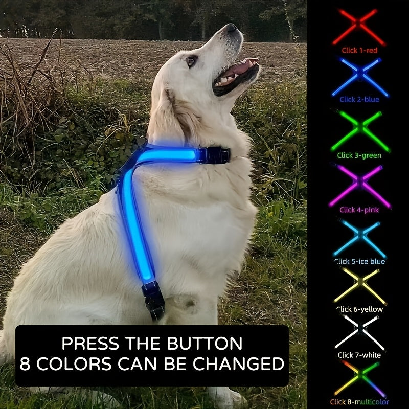 8-Color Changing LED Dog Vest with Control-like Button - Rechargeable Multicolor Night for Medium & Large Dogs, 8 Modes (Green/Red/Blue/Click/White/Pink/Ice/) - Low-Visibility Jacket for Night Walks