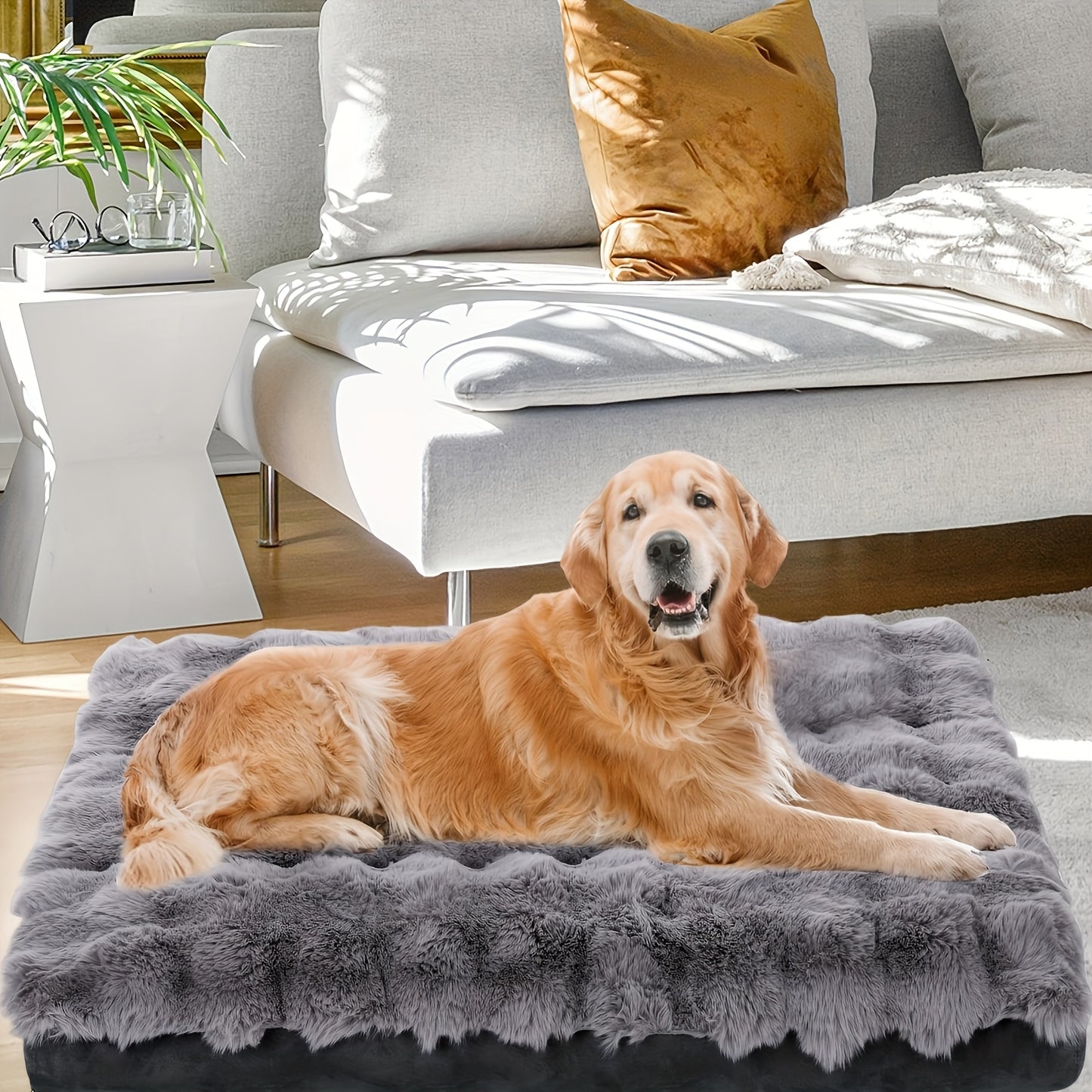 Orthopedic Dog Bed Suitable for Extra Large Dogs - Luxurious Plush Faux Fur Kennel with Removable Washable Cover, Anti-Slip Bottom & Bite-Resistant Mat - Joint Bed for Large Breed Dogs, Machine Washable Cover ( Assembly)