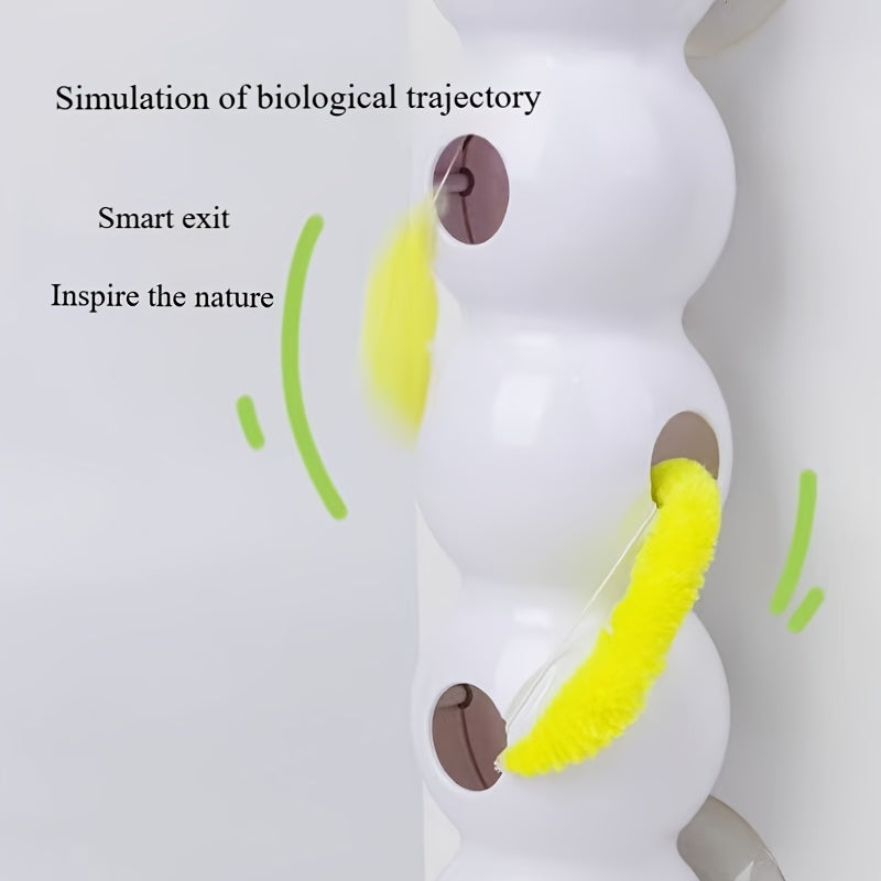 This Is a Usb-Rechargeable Interactive Cat Toy Featuring a Feather on a Stick. It Can Be Attached to Glass Or Tile Surfaces for Hands-Free Play And Includes a Spare Feather And a USB Charging Cable
