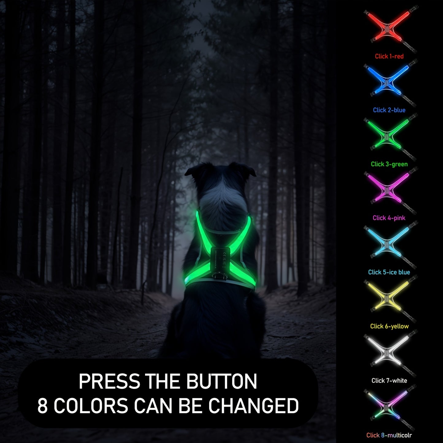 8-Color Changing LED Dog Vest with Control-like Button - Rechargeable Multicolor Night for Medium & Large Dogs, 8 Modes (Green/Red/Blue/Click/White/Pink/Ice/) - Low-Visibility Jacket for Night Walks