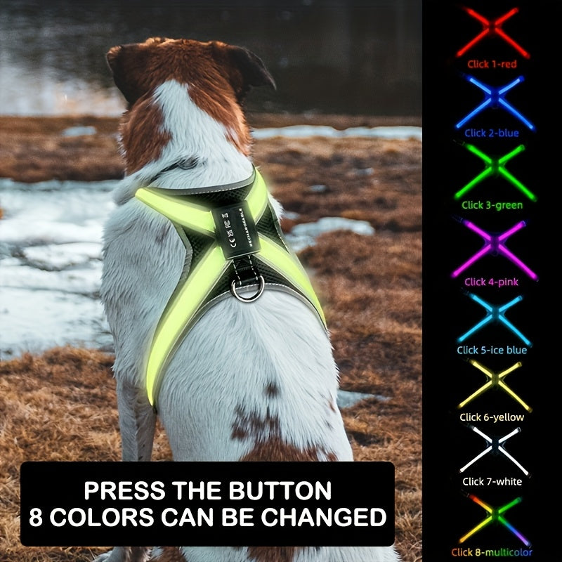8-Color Changing LED Dog Vest with Control-like Button - Rechargeable Multicolor Night for Medium & Large Dogs, 8 Modes (Green/Red/Blue/Click/White/Pink/Ice/) - Low-Visibility Jacket for Night Walks