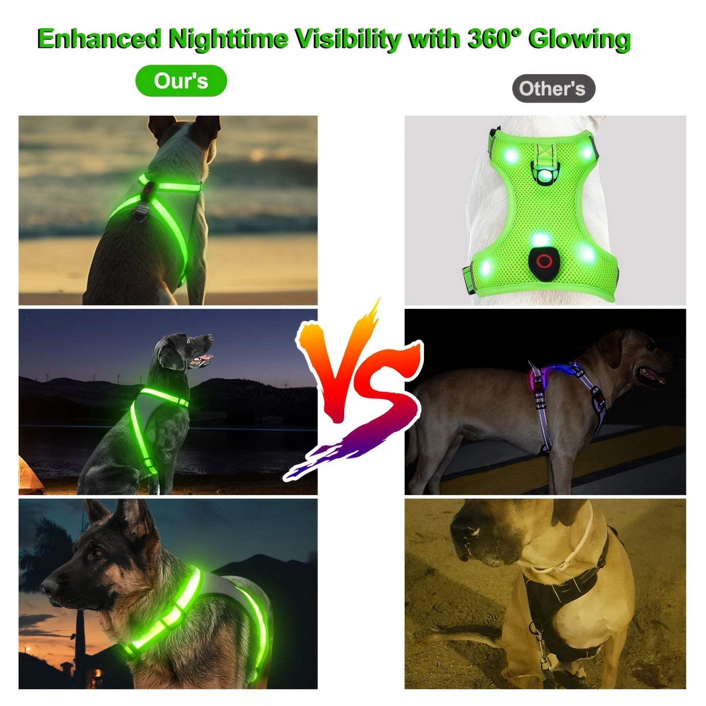 LED Glow-in-the-Dark Dog Harness with USB Rechargeable Lights - Adjustable Soft Mesh Safety Vest, 4-Size Fit for Small to Large Dogs, Green, Purple, Yellow, Pink, Light, Dark Brown, Light Brown, Dog Harness, Nighttime Walking