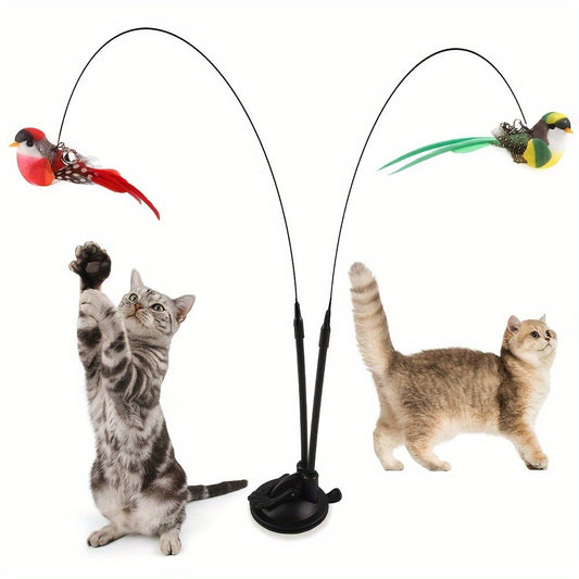 Interactive Toy Set for Cats, Featuring a Long Pole with a Sturdy Suction Cup, Without Battery