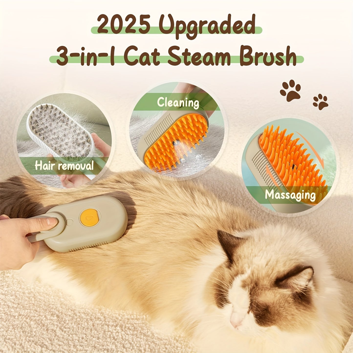 2pcs Cat Steam Brush, 4-in-1 Multifunctional Self-Cleaning Pet Hair Remover Suitable for Long & Short Haired Cats, Steam Groomer Comb with Steam Technology for Tangled Fur Removal, Suitable for Cat Breeds