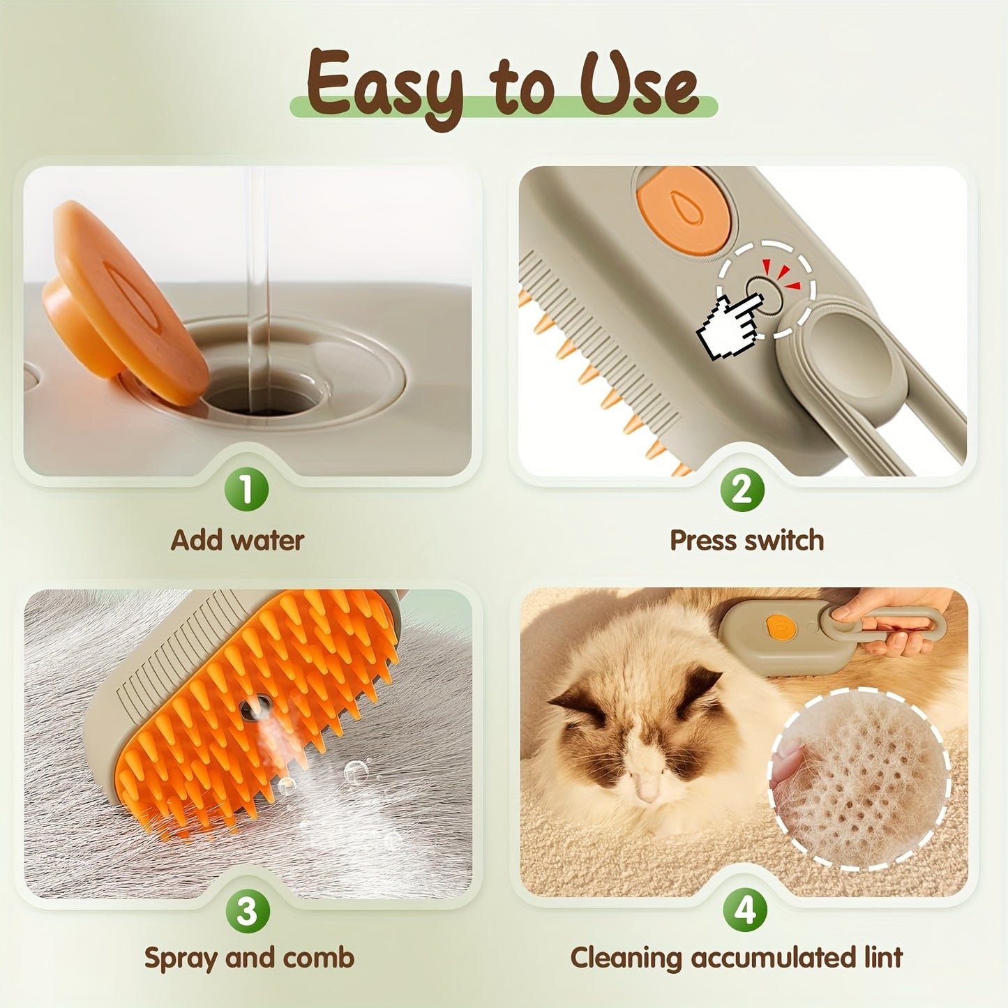 2pcs Cat Steam Brush, 4-in-1 Multifunctional Self-Cleaning Pet Hair Remover Suitable for Long & Short Haired Cats, Steam Groomer Comb with Steam Technology for Tangled Fur Removal, Suitable for Cat Breeds