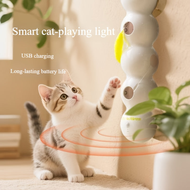 This Is a Usb-Rechargeable Interactive Cat Toy Featuring a Feather on a Stick. It Can Be Attached to Glass Or Tile Surfaces for Hands-Free Play And Includes a Spare Feather And a USB Charging Cable