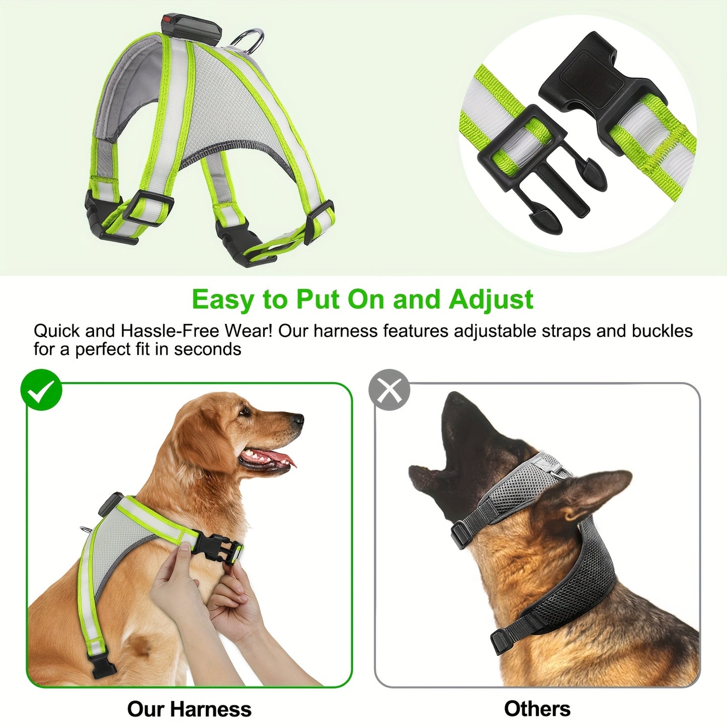 LED Glow-in-the-Dark Dog Harness with USB Rechargeable Lights - Adjustable Soft Mesh Safety Vest, 4-Size Fit for Small to Large Dogs, Green, Purple, Yellow, Pink, Light, Dark Brown, Light Brown, Dog Harness, Nighttime Walking