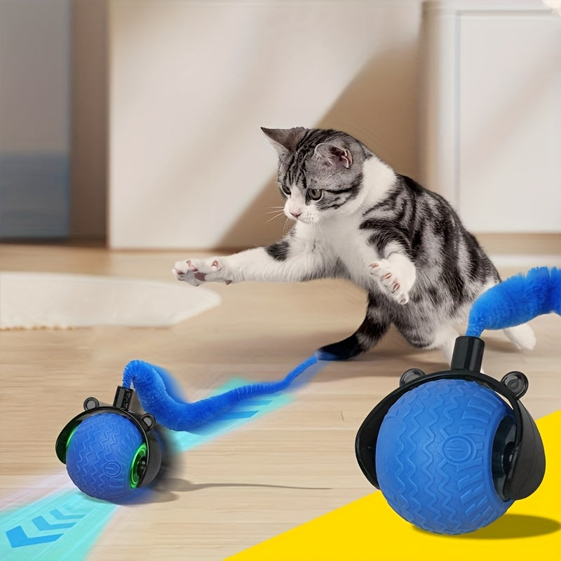 Interactive Cat Toy for Indoor Cats, Speedy Ball with Tail, Automatic Moving Cat Balls for Bored Indoor Adult Cats, 360°Automatic Rolling Ball Toy, Two Speed Adjustment