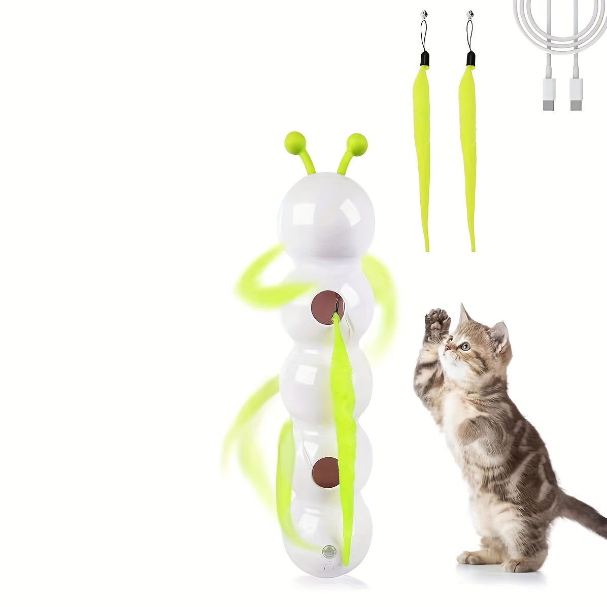 This Is a Usb-Rechargeable Interactive Cat Toy Featuring a Feather on a Stick. It Can Be Attached to Glass Or Tile Surfaces for Hands-Free Play And Includes a Spare Feather And a USB Charging Cable