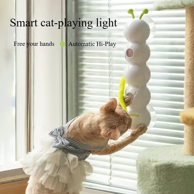 This Is a Usb-Rechargeable Interactive Cat Toy Featuring a Feather on a Stick. It Can Be Attached to Glass Or Tile Surfaces for Hands-Free Play And Includes a Spare Feather And a USB Charging Cable