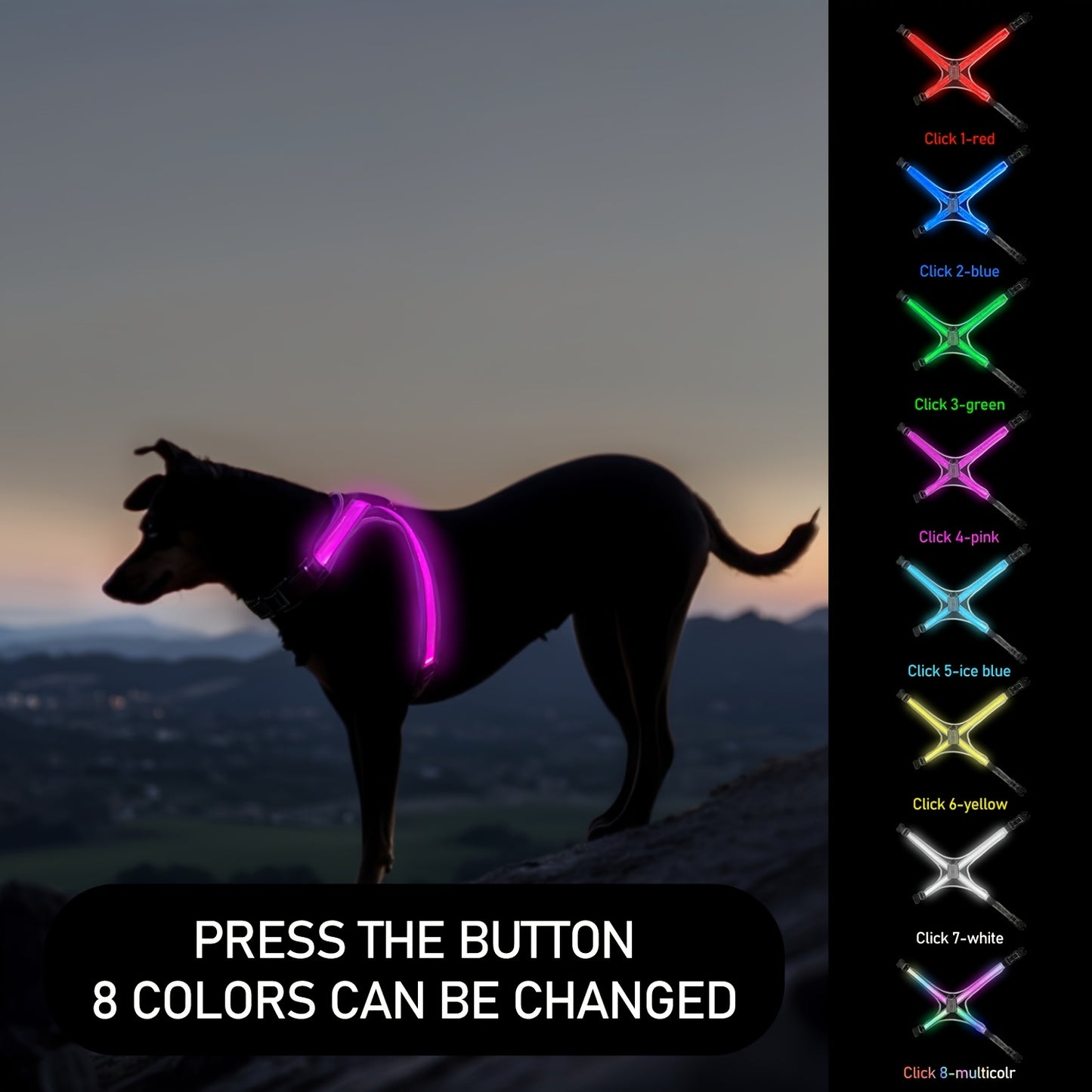 8-Color Changing LED Dog Vest with Control-like Button - Rechargeable Multicolor Night for Medium & Large Dogs, 8 Modes (Green/Red/Blue/Click/White/Pink/Ice/) - Low-Visibility Jacket for Night Walks