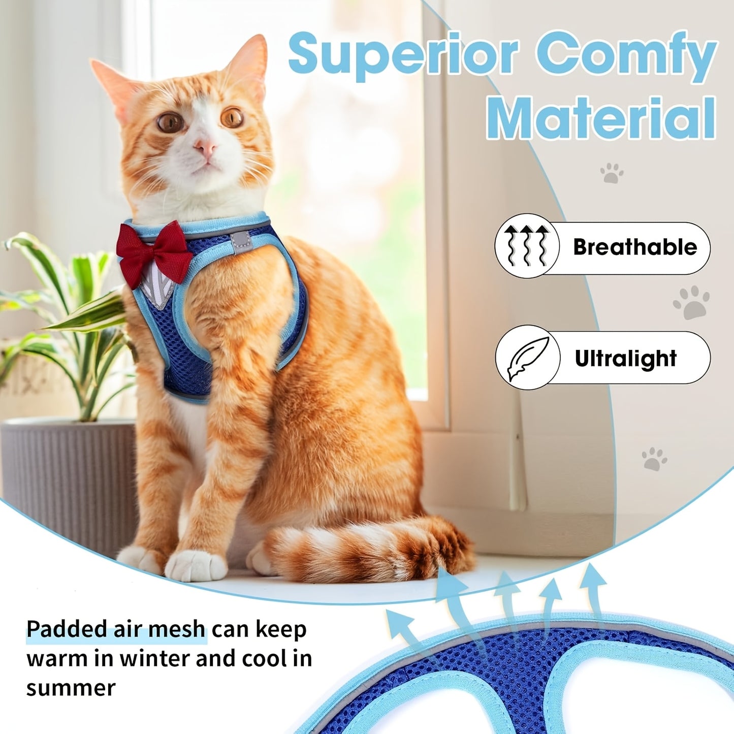 Cat Harness and Leash Set, Soft Breathable Vest with Reflective Strips, Escape-Proof Kitten Harness for Walking and Travel, Thanksgiving/Christmas/Halloween Gift